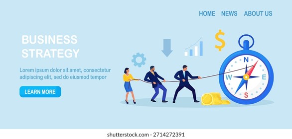Business team pulls compass toward profit. Strategy direction and smart decisions. Leadership growth, financial guidance in projects. Successful way for company development choosing. Planning future