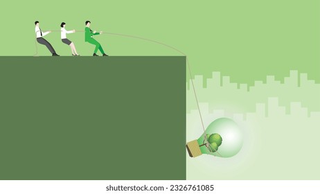 A business team pulls rope for a tree big lightbulb. ESG idea, Renewable, Alternative green energy, Environmental policy, Net zero emission, Carbon footprint reduction, Sustainable, and Eco-friendly.