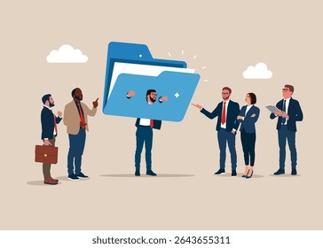 Business team and punishment businessman in medieval pillory, humiliation and punishment. Organize document files into archive folders. Flat vector illustration