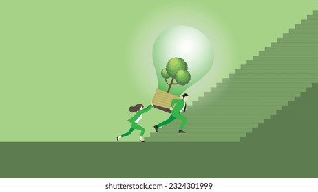 A business team push a big tree lightbulb, Step up a stair. ESG idea, Renewable, Alternative energy, Environmental policy, Net zero emission, Carbon footprint reduction, Sustainable, Green concept.