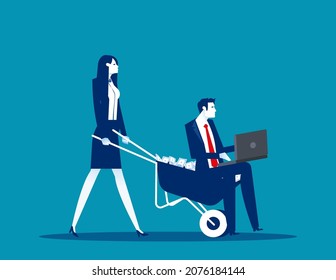 Business team push wheelbarrow with lot of money. Wealth and prosperity business vector concept