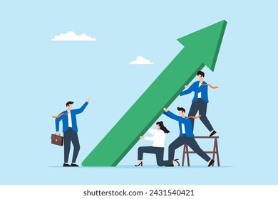 Business team pushing green graph arrow upwards. Concept of efforts to improve and grow the business, teamwork and collaboration to growing company, and fostering career growth