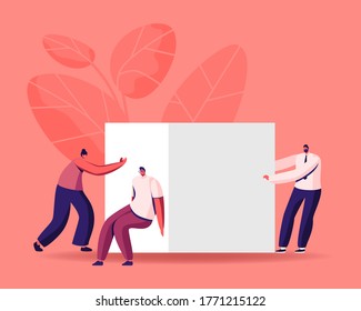 Business Team Pushing Huge Cube Solving Complicated Problem or Working Task. Characters Teamwork Cooperation, Career Challenge, Motivation and Goal Achievement. Cartoon People Vector Illustration