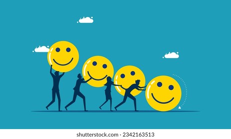Geschäftsteam drängt optimistisches Denken. Happywork-Konzept 