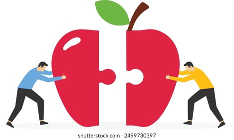 Business team pushing two apple puzzle elements. Teamwork working together, cooperation, partnership. Vector illustration.

