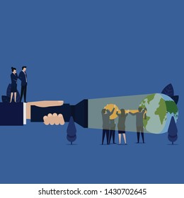 Business team put key to keyhole of world globe metaphor of key of success rule world. Illustration For Wallpaper, Banner, Background, Book Illustration, And Web Landing Page.