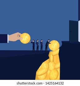 Business team put money to make bridge to success door. Illustration For Wallpaper, Banner, Background, Book Illustration, And Web Landing Page.