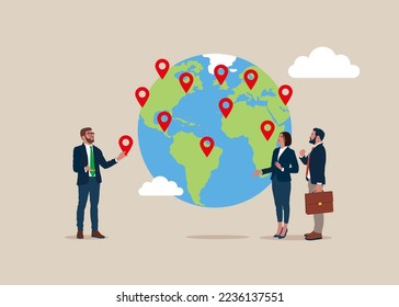 Business team put new branch pin on world map across globe. Global business expansion, open company branches, franchise in new location to cover all continent. Flat vector illustration