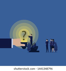 Business team put question mark on idea bulb metaphor of power of asking. Illustration For Wallpaper, Banner, Background, Book Illustration, And Web Landing Page.