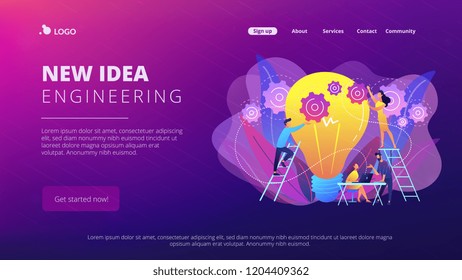 Business team putting gears on big lightbulb. New idea engineering, business model innovation and design thinking concept on white background. Website vibrant violet landing web page template.