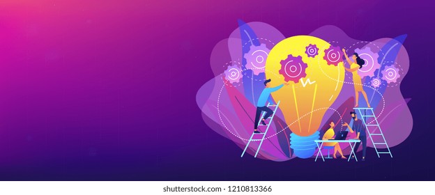 Business team putting gears on big lightbulb. New idea engineering, business model innovation and design thinking concept on white background. Header or footer banner template with copy space.