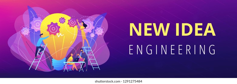 Business team putting gears on big lightbulb. New idea engineering, business model innovation and design thinking concept on white background. Header or footer banner template with copy space.