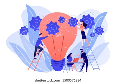 Business team putting gears on big lightbulb. New idea engineering, business model innovation and design thinking concept on white background. Living coral blue vector isolated illustration