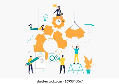 Business team putting in motion cogwheels. Teamwork, business operation, strategy. Project concept. Vector illustration can be used for presentation slide, posters, banners