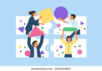 Business team putting puzzle in video chat. Online connect. Joint solution of problem. Virtual communication. Group teleconference. People with geometric shapes. Garish