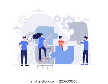 Business team putting together jigsaw puzzle isolated flat vector illustration. cartoon partners working in connection. teamwork, partnership. Modern vector flat illustration.