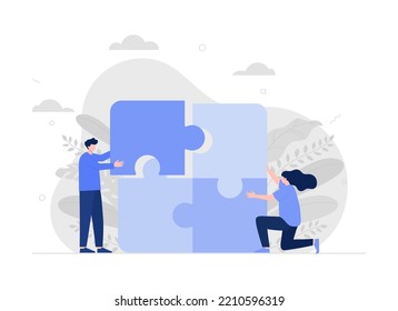 Business team putting together jigsaw puzzle isolated flat vector illustration. cartoon partners working in connection. teamwork, partnership. Modern vector flat illustration.
