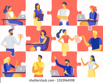 Business team puzzle. Professional people jigsaw, teamwork mosaic and office workers. Team goal training, business meeting or puzzle collaborative metaphor flat vector illustration