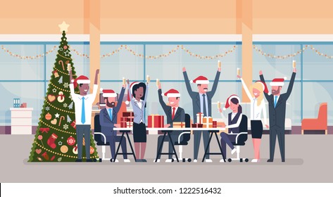 business team raised hands in modern office decorated fir tree happy new year merry christmas celebration concept flat horizontal vector illustration