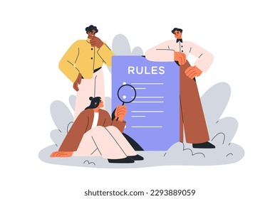 Business team reading corporate rules, company policy document. Office people studying regulatory compliance, instruction, guidance, terms list. Flat vector illustration isolated on white background