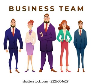 Equipo de negocios listo para trabajar. Colección de personas que celebran el desarrollo profesional. Los hombres y las mujeres son protagonistas de varias poses