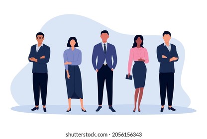 Business team ready to work. Office employee in tidy clothes. Vector illustration. Characters in flat design. Group of office workers in flat cartoon style.