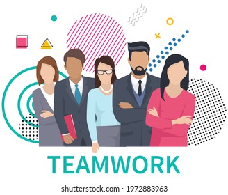 Business team ready to work. Teamwork. Coworkers characters communication. Team building and business partnership. Businessmen people cooperation collaboration. Office workers clerks standing together