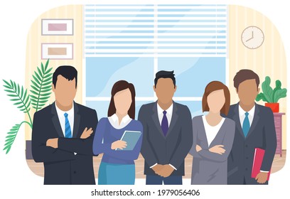 Business team ready to work. Teamwork. Coworkers characters communication. Team building and business partnership. Businessmen people cooperation collaboration. Office workers clerks standing together