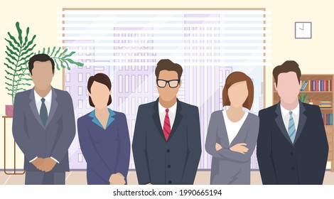 Business team ready to work. Teamwork. Coworkers characters communication. Team building and business partnership. Businessmen people cooperation collaboration. Office workers clerks standing together