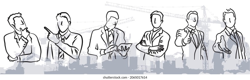 Business team ready to work. Business vector illustration template. line drawing of diverse group of standing people