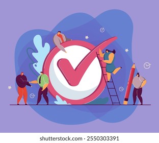 Business team realizing plan, achieving goal. Flat vector illustration. Tiny people, workers checking giant checkmark, making checklist done. Job, plan, teamwork, business concept for banner design
