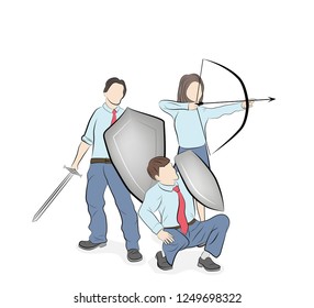 business team reflects attacks. teamwork. business strategy. vector illustration.