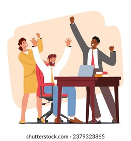 Business Team Rejoice Near The Computer, Celebrating Success With Smiles And High-fives, As They Achieve Their Goals And Make Strides Toward Their Collective Vision. Cartoon People Vector Illustration