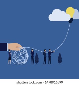 Business Team Release Idea Balloon To Loosen Tangled Rope Metaphor Of Problem Solving. Illustration For Wallpaper, Banner, Background, Book Illustration, And Web Landing Page.