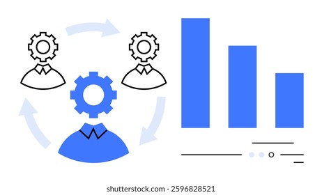 Business team represented as gears in head icons with workflow arrows, next to bar chart showing performance data. Ideal for project management, team collaboration, productivity, workflow