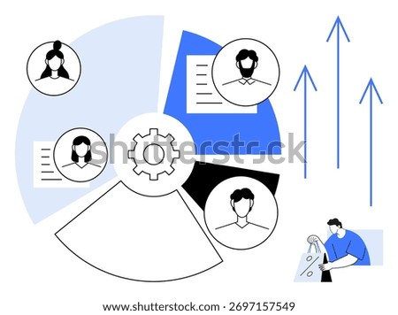 Business team represented in pie chart segments with individual profiles. Gear icon in center. Arrows indicating growth. Person fine-tuning detail. Ideal for teamwork, productivity, project