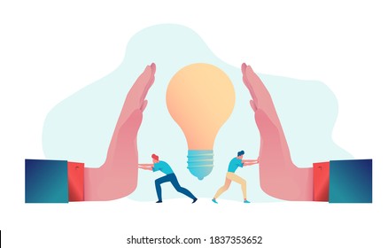 El equipo de negocios se resiste a bloquear o robar ideas. Metáfora para la protección de los derechos de propiedad intelectual. Ilustración vectorial plana