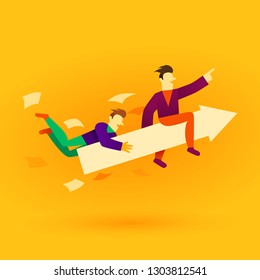 Business team ride arrow. Concept business success vector illustration. Flat cartoon character style. Vector illustration