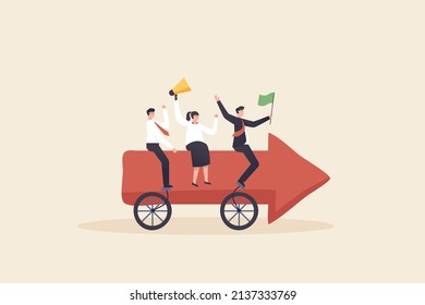 Business team ride arrow. Team of business people riding tandem bike together. sharing same business goal and direction, support and partnership for career growth concept.