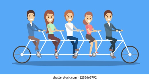 Business team ride on tandem bicycle. Idea of teamwork and cooperation. Group of people on the race. Vector flat illustration