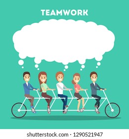 Business team ride on tandem bicycle. Idea of teamwork and cooperation. Group of people on the race and speech bubble above. Vector flat illustration