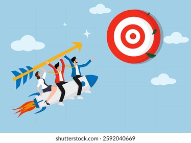 Business team rides rocket and carries arrow to reach target goal, setting business goals, targets, goals and objectives, partnership and teamwork towards success. Developing ladder to success.