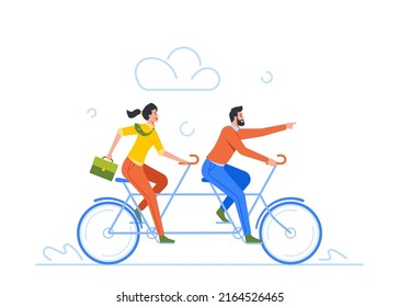 Equipo de negocios en bicicleta, compañeros de trabajo trabajan juntos para alcanzar el objetivo y lograr el éxito. Empresarios En Bicicleta Tándem, Brainstorm, Cooperación En Equipo. Ilustración de vectores de personas de caricatura