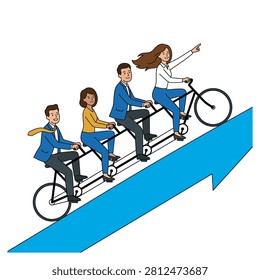 A business team riding a custom long tandem bicycle upward along a giant diagonal growth arrow to achieve collective career success. Flat vector modern illustration