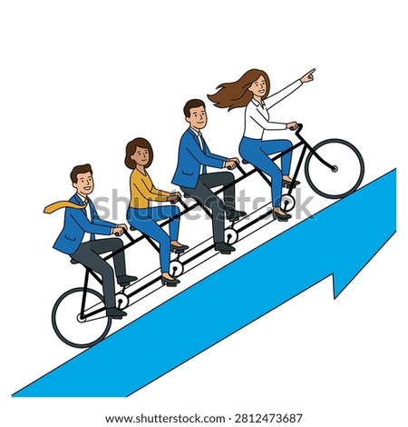 A business team riding a custom long tandem bicycle upward along a giant diagonal growth arrow to achieve collective career success. Flat vector modern illustration