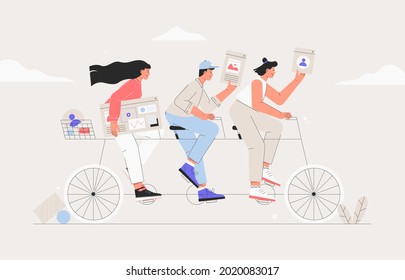 Business team riding tandem bicycle. Businessman and businesswoman characters on bike. Successful teamwork and leadership concept. Flat style vector illustration.