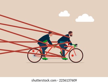 Business Team Riding Tandem Bicycle up with red tape trying to run away with full effort. Business difficulty or struggle with career obstacle, limitation and trap or challenge to overcome to success