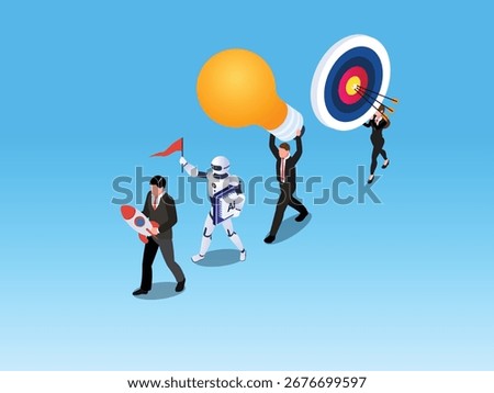 Business team and robot bringing business tools to the finish line 3d isometric vector illustration