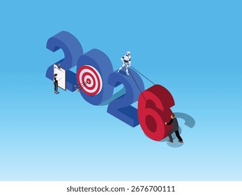 Equipo de negocios y robot tirando del año 2026 en una Ilustración vectorial isométrica 3D objetivo