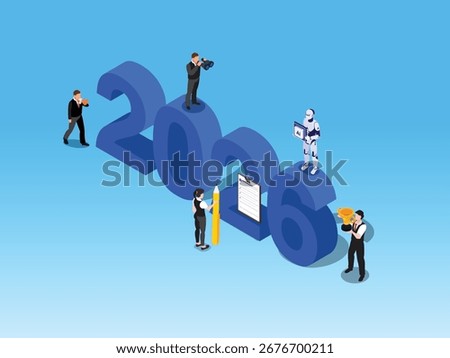 Business team and robot working together to prepare for the year 2026 3d isometric vector illustration